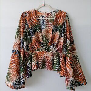 Miami Womens Multicolor Flared Sleeve Palm Leaf Print Blouse Kimono Size L